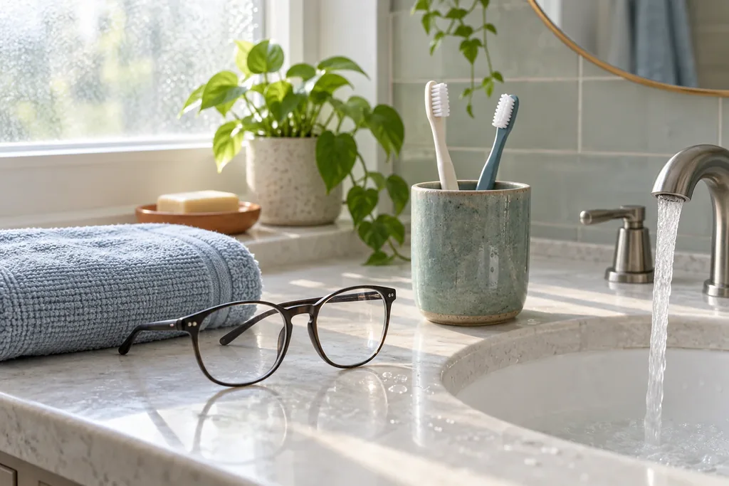 Toothbrushes and a pair of glasses beside a bright bathroom sink.